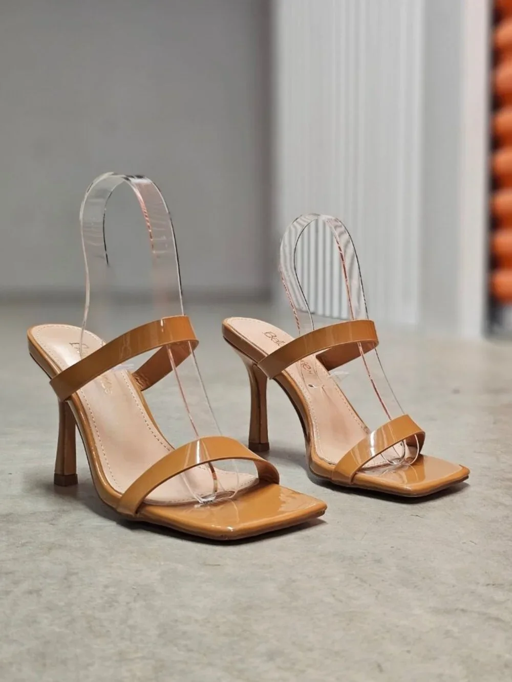 Strap Stiletto Heels With Square Toe & Tan Patent Faux Leather Accents For Women